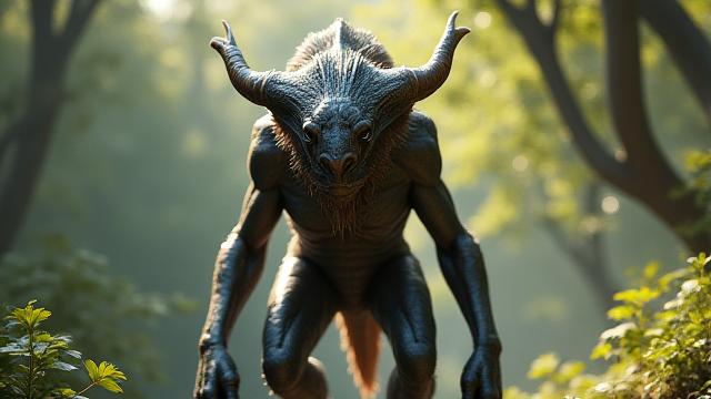 जंगल में एक यथार्थवादी, रहस्यमय प्राणी, हरे और भूरे रंग में