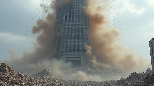 खंडहर में गिरी इमारत, यथार्थवादी धुएं और धूल के साथ